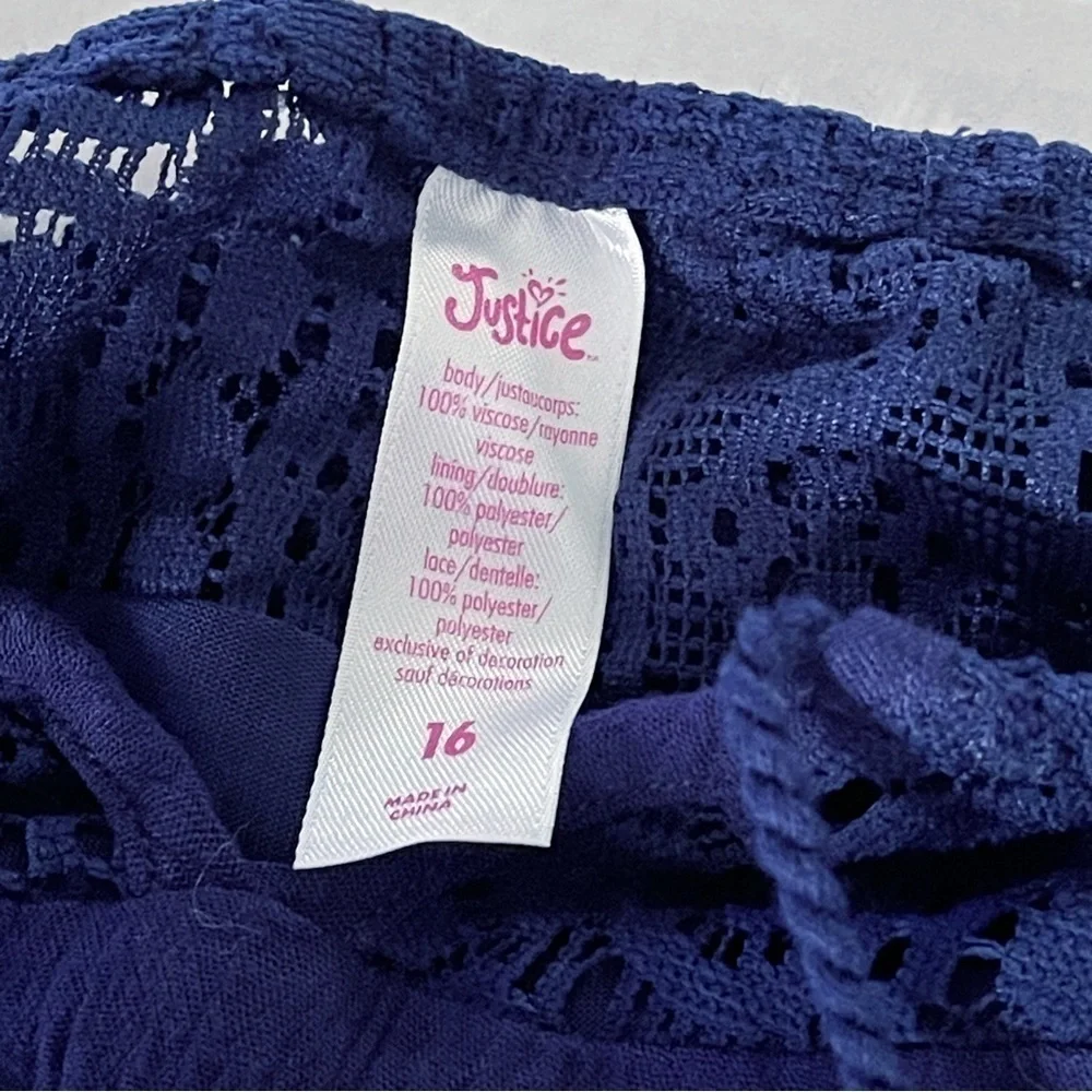 JUSTICE Girl’s Dark Blue Short Sleeve Lace Ruffle Dress - Size 16